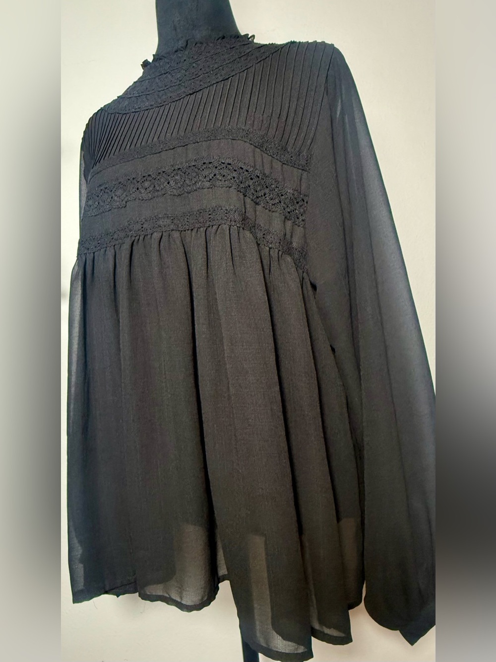 Band of Gypsies, Oversized Black Long Sleeve Sheer Victorian Blouse, Small